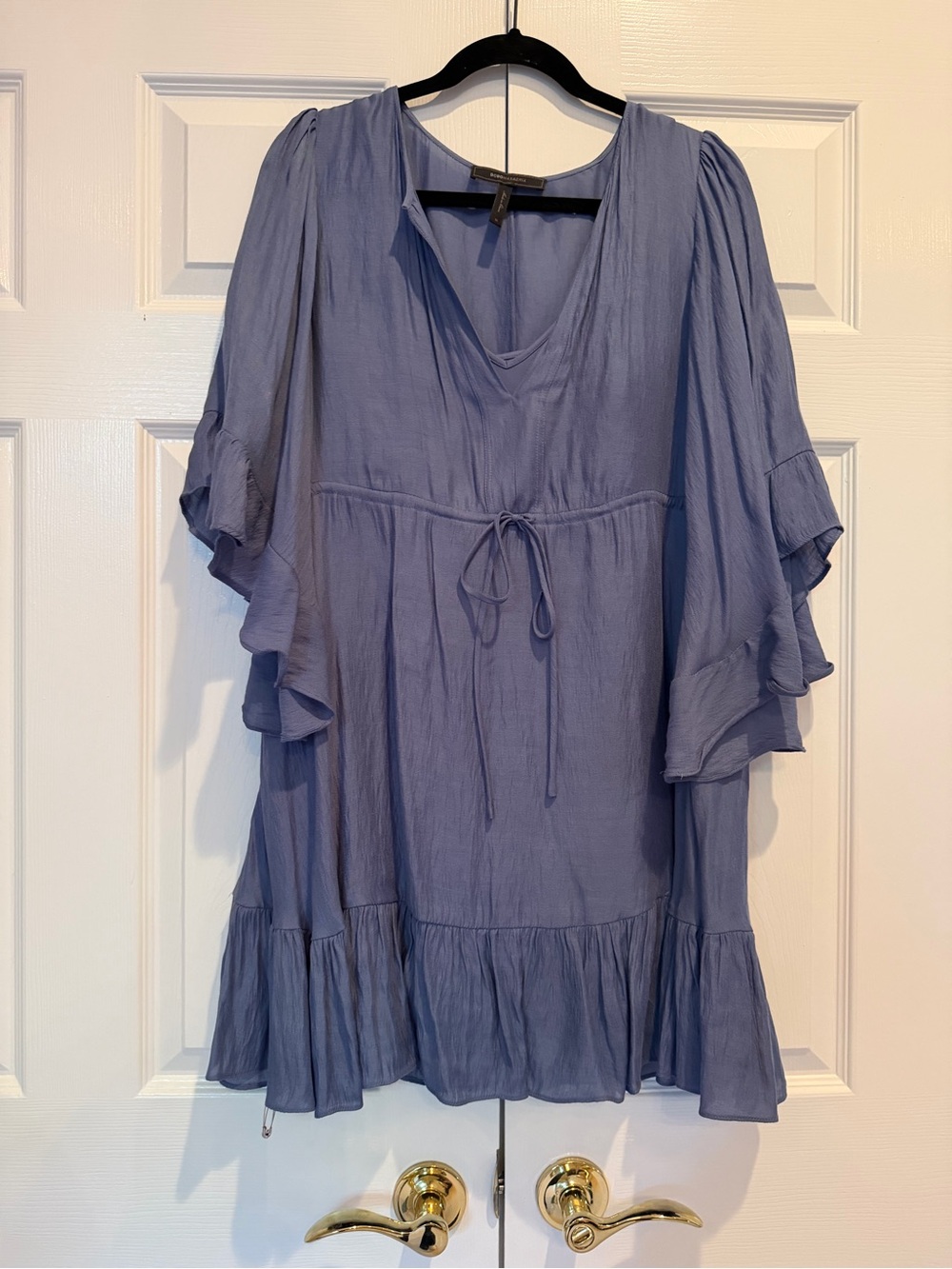 BCBGMAXAZRIA Blue Crinkle Ruffle Flutter Sleeve Drawstring Waist Mini Dress M